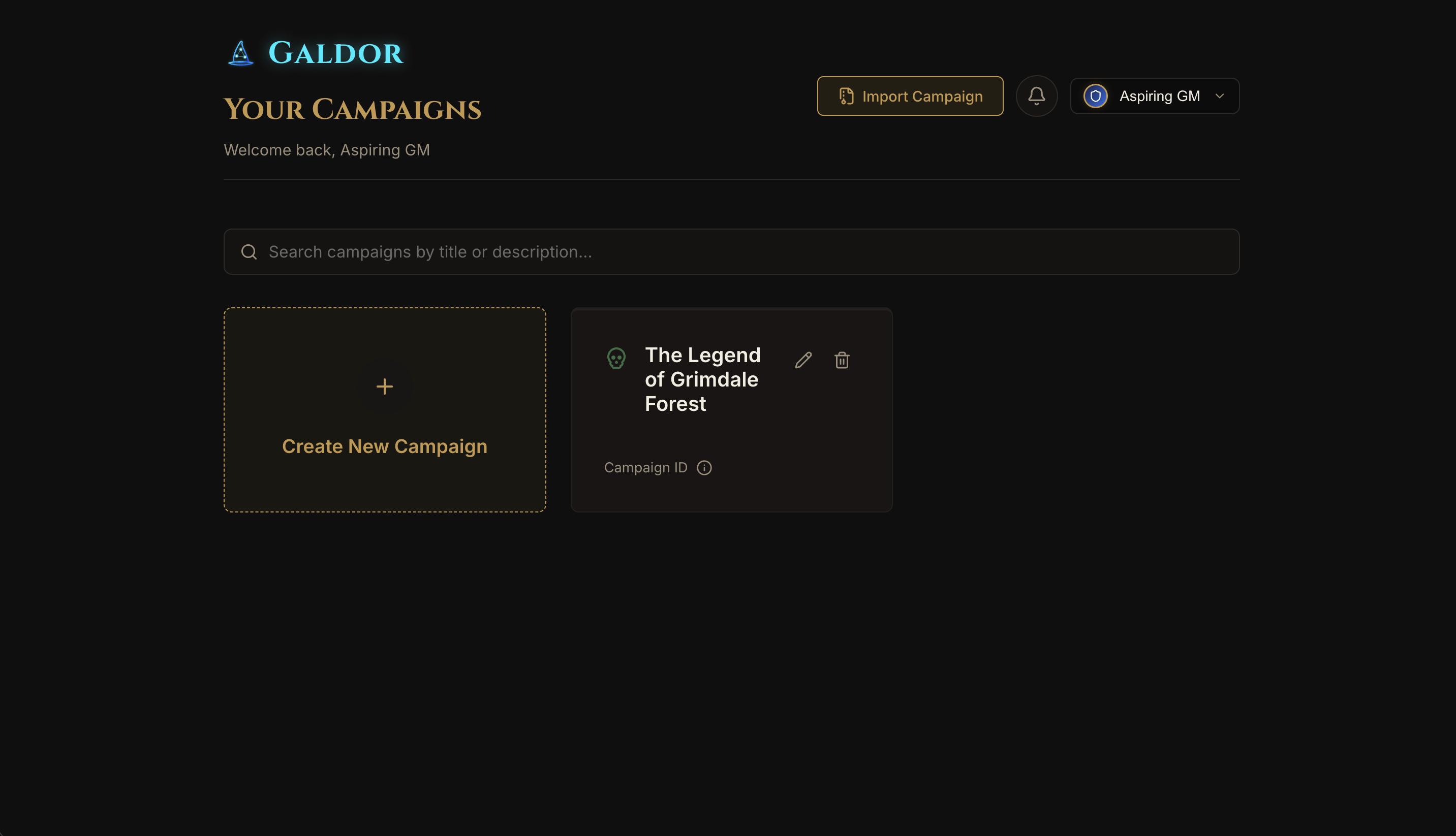 Galdor Campaign Runner Dashboard Screen